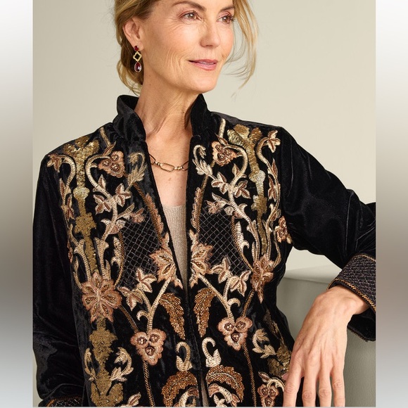 Soft Surroundings Antoinette Velvet black long embroidered beaded jacket Large - Picture 5 of 16